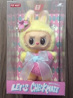 POP MART Let's Checkmate Yellow Bunny Plush Figure with Pink Heart